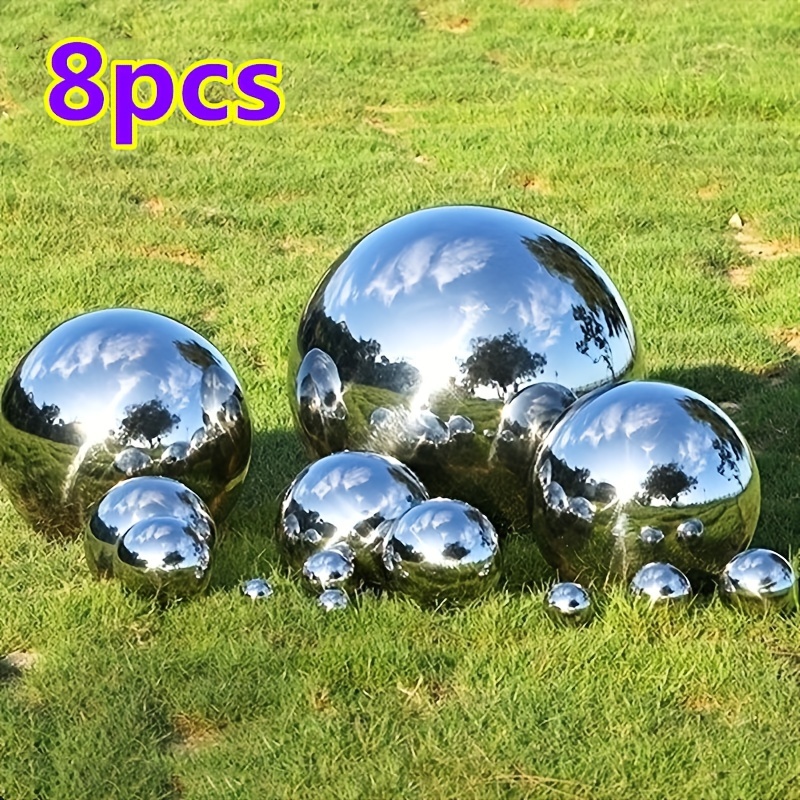 TEMU 8pcs Reflective Stainless Steel Sphere Decorations - Mirror Finish, Hollow Design For Garden & Staircase Accents