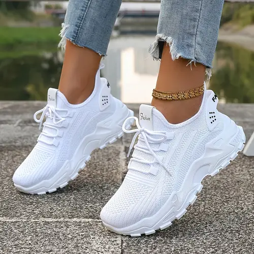 womens breathable knit running shoes lightweight low top sneakers with soft rubber sole for gym walking casual wear white gym shoes stylish sportswear cushioned support