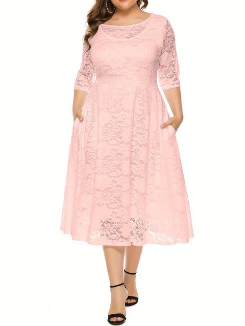 plus size guipure lace pocket dress elegant solid color crew neck half sleeve dress for spring summer womens plus size clothing
