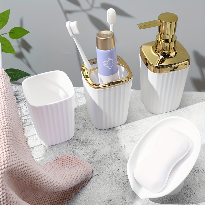 4pcs Fashion Vertical Stripe Bathroom Accessory Set, Including Soap Dispenser, Toothbrush Holder, Rinse Cup And Soap Dish - Perfectly Organizing Your Bathroom Essentials, Bathroom/sanitary Supplies