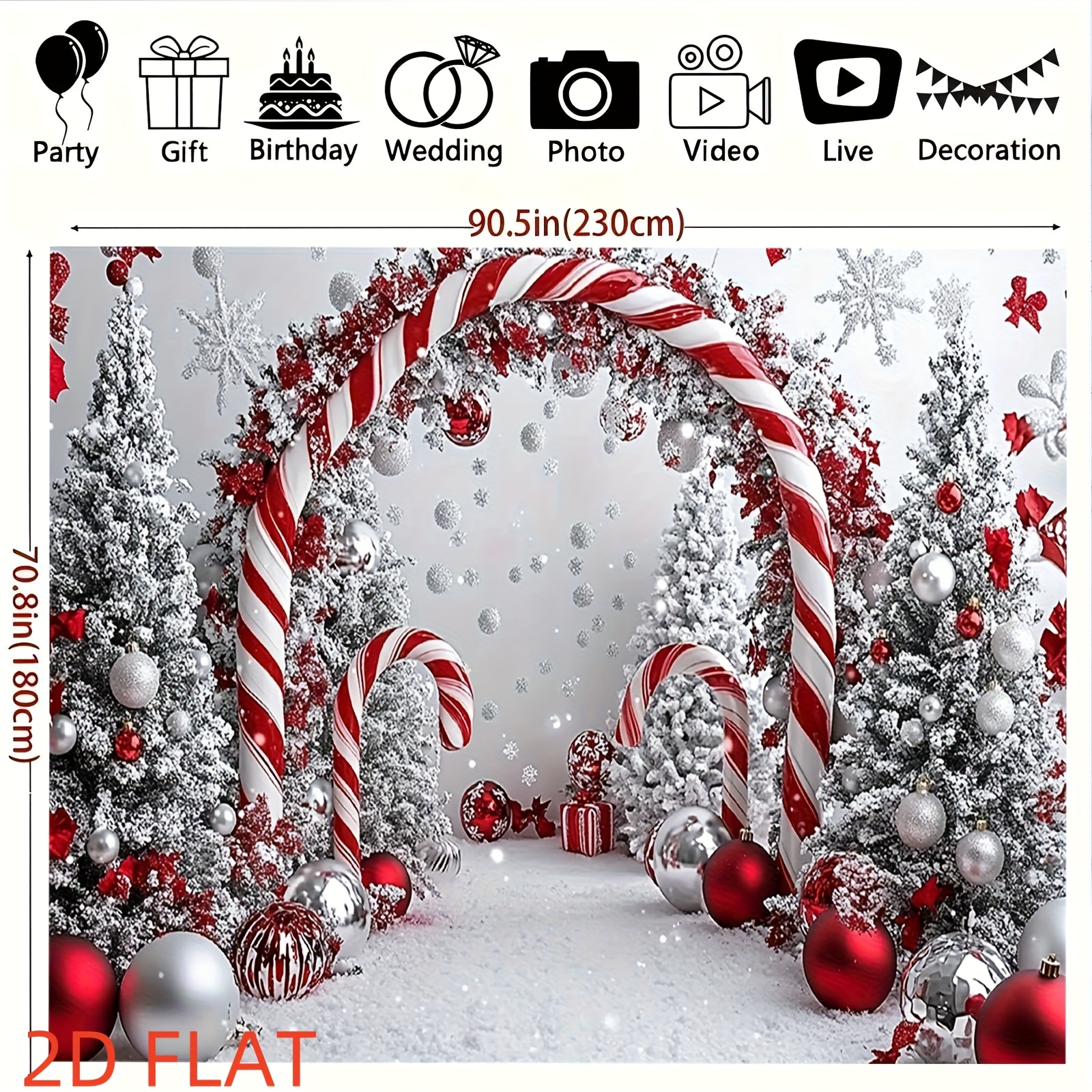 E-shop 2D Flachbanner, 1 Stück Funkelnder -Hintergrund mit Zuckerstangen Schneeflocken für Partys, Partybanner-Hintergrundtuch