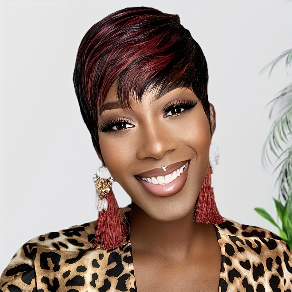 womens brazilian   human hair   cut wig  less bangs natural look feel no   needed   cap for african american women   in black burgundy blonde highlights 1b 99j 1  1b 60 everyday special occasions versatile hairpiece quick hairstyle change layered fringe durable construction busy professionals Product details 1