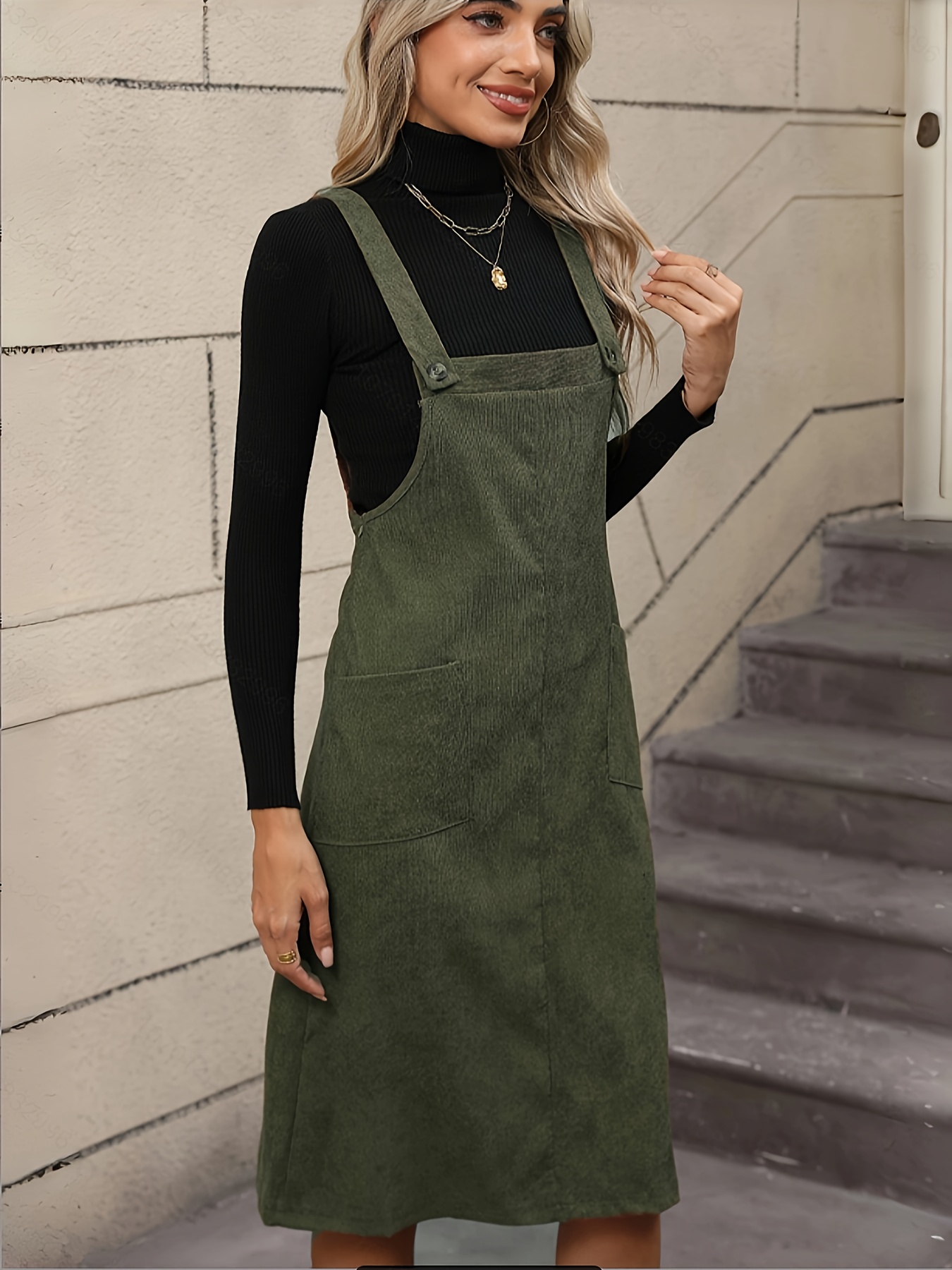 Chic European Women's Corduroy Overall Dress Casual Green Midi with  Double Straps, Machine Washable Spring/Fall