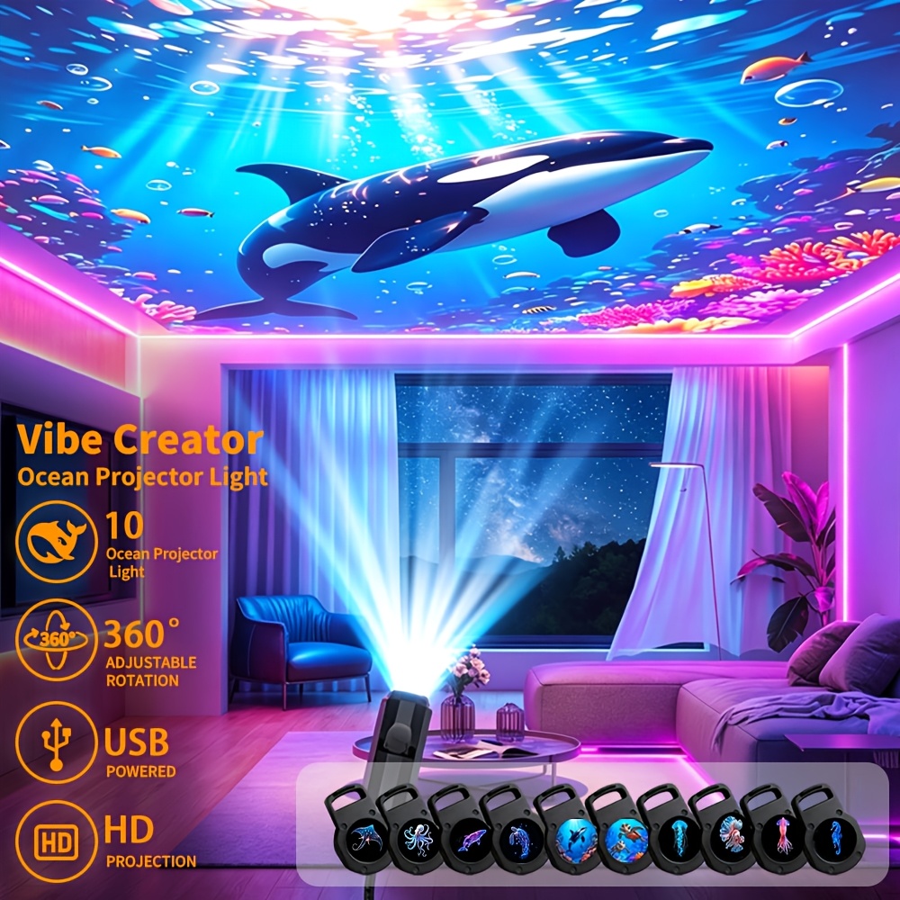 TEMU Veilleuse projecteur d'animaux rotative à 60°, lampe de projection USB RVB HD marine avec col de cygne flexible, , , tortue, , , 3/6/10