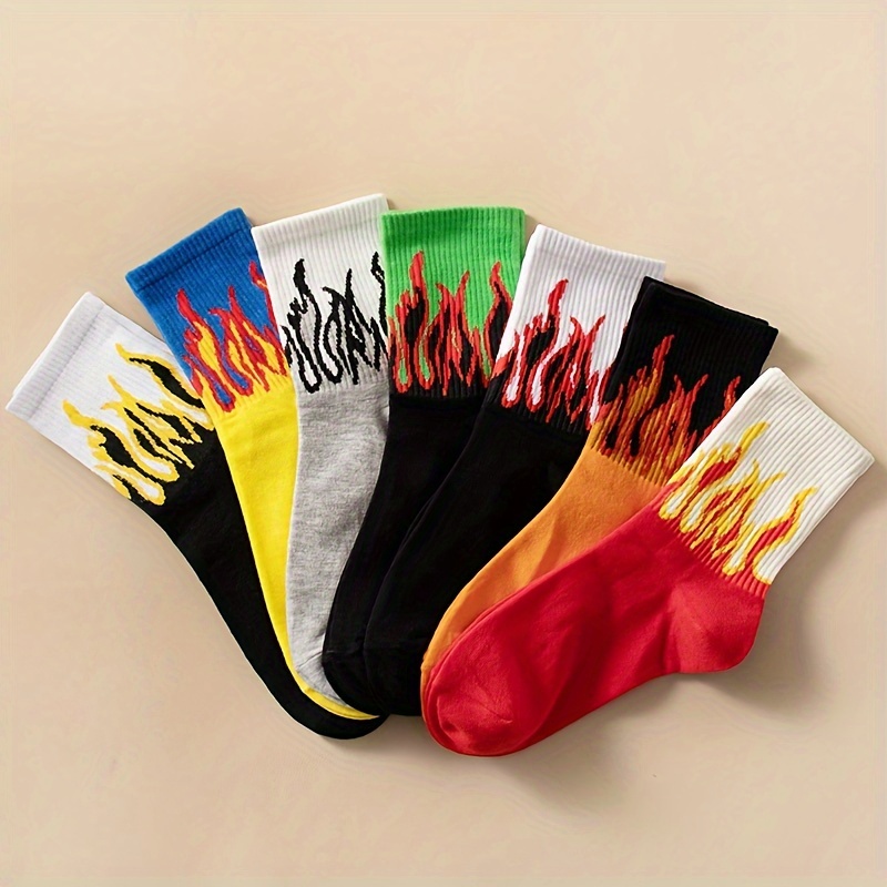 7 Pairs Men's Mid-calf Socks Pattern Flame Sweat-absorbing Comfortable Soft Casual Versatile Skateboarding Running Round Toe Socks Random Color, Sweat-resistant
