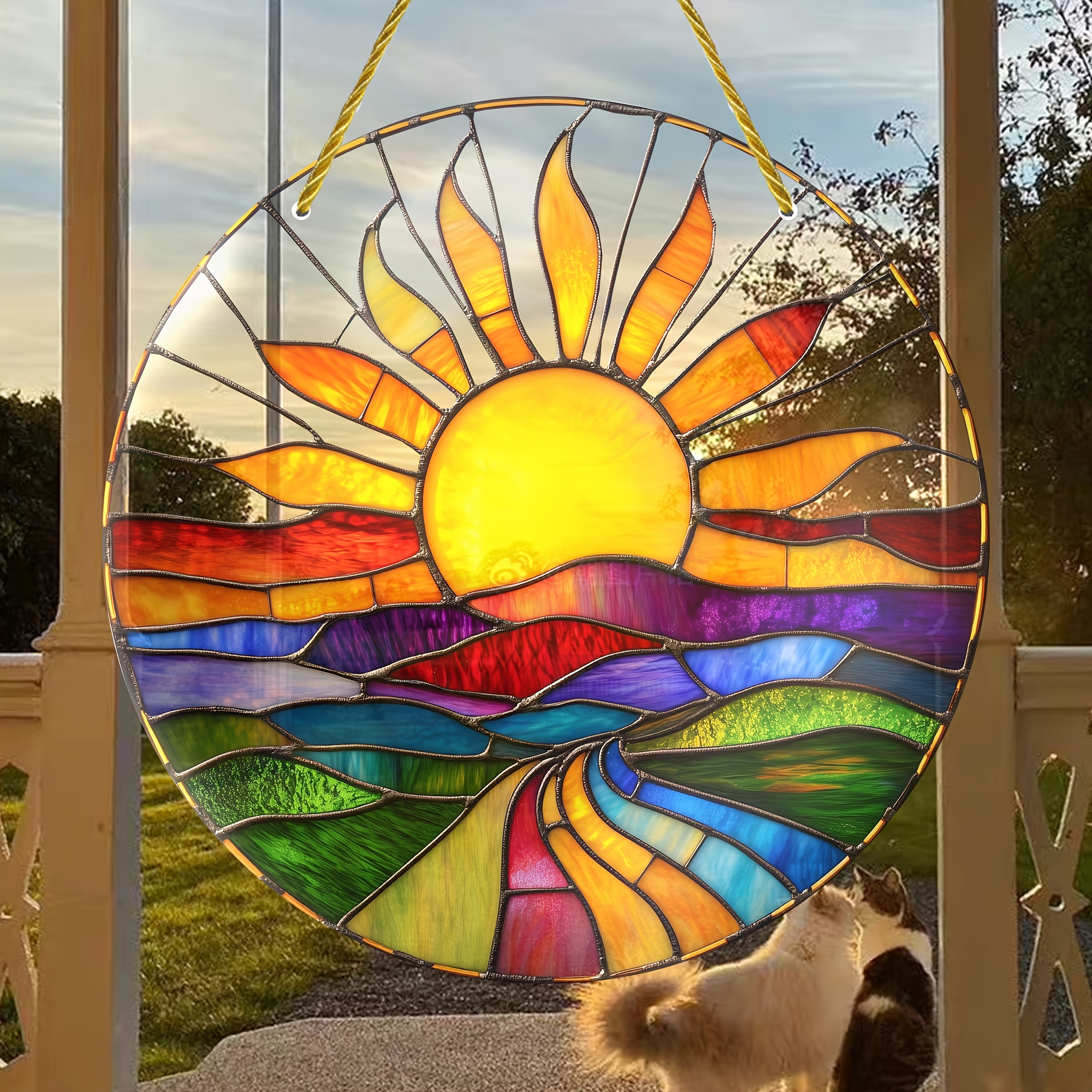 

Vibrant Sun Stained Glass Hanging Suncatcher 8"x8" - Indoor & Outdoor Decor, Porch, Bedroom, Office, Patio | Ideal Christmas Gift