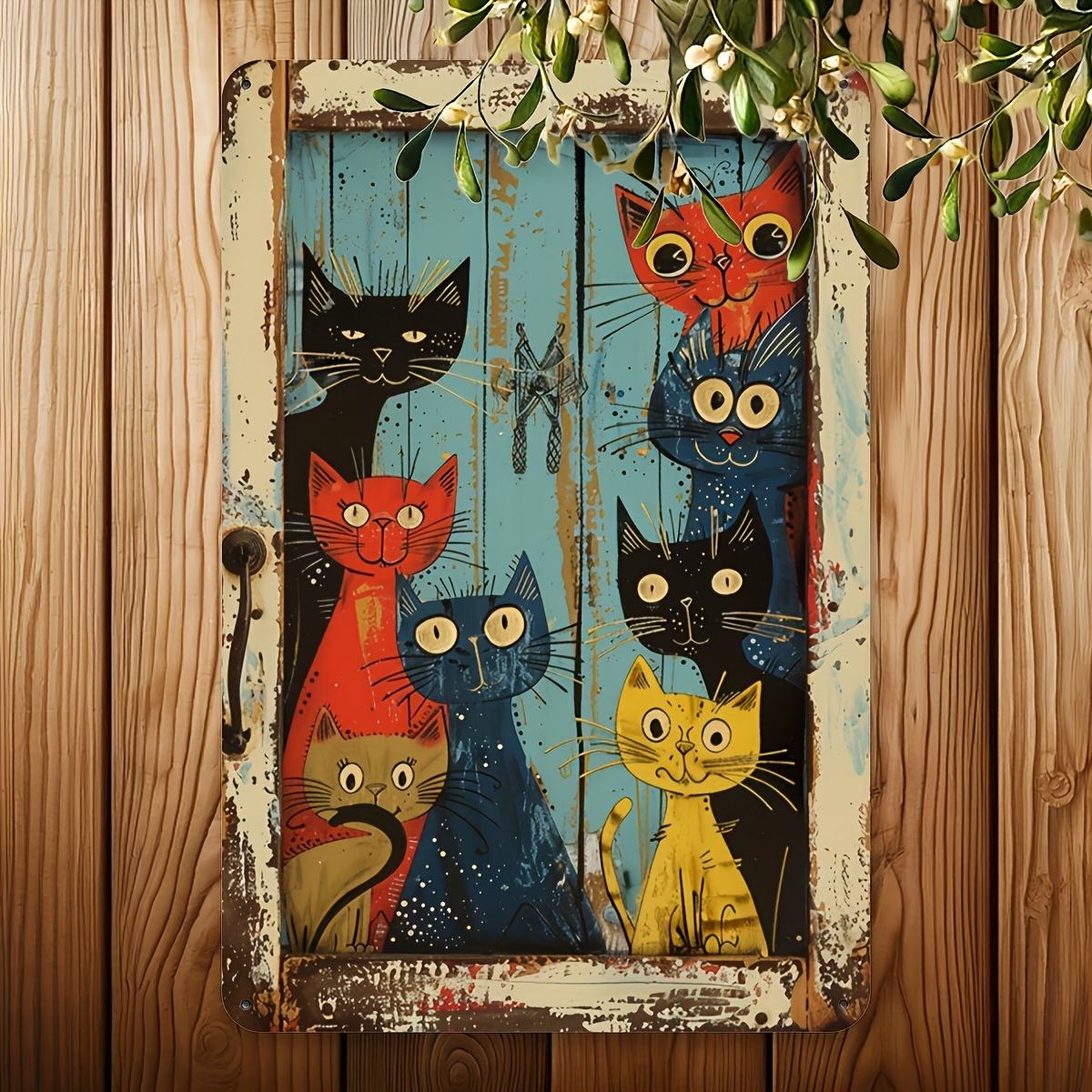 TEMU 1 Whimsical Cat Peeking Vintage Wooden Sign - With Vibrant Cartoon Cats For Country Wall Art, Suitable For Home, Bar, Or Outdoor Decor