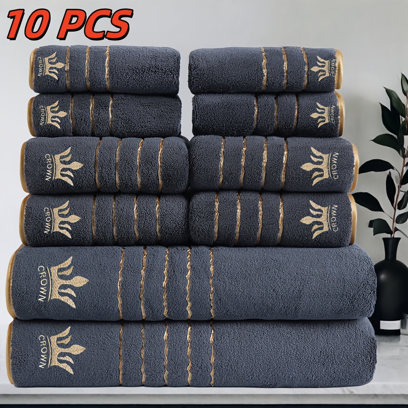 10pcs Luxury Bath Towel Set with Golden Crown & Stripe Design - Extra Large 70x140cm/27.5x55in, Large 42x70cm/16.5x27.5in, Small 35x35cm/13.7in - Plush Microfiber Spa Towels in Elegant Dark Brown & Golden for Bathroom, Gym, Hotel, Spa - Ideal Gift Set with Black & Golden Trim, Ultra-Soft & Durable, Perfect for Home or Travel, Includes Bath, Hand, and Face Towels, Towels Bath Towels, Bathroom Towels