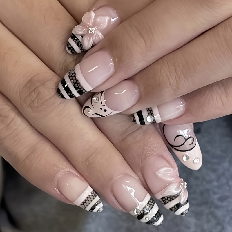 TEMU 30pcs Medium Coffin Press On Nails, Elegant Lace Design Fake Nails With Floral Decor, Rhinestone And Curve Line Details, Nude Tone Nail Set For