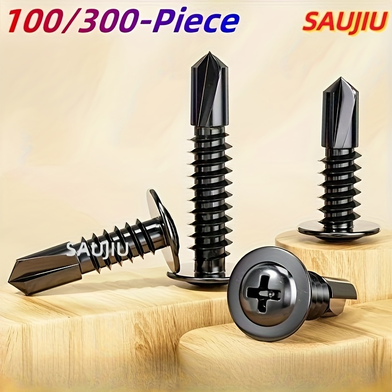 E-shop 100/300er-Pack Schwarze Selbstbohrende TEK-Schrauben Set – Kein Bohren Nötig! 410 Edelstahl 8.8 Grad Phillips-Kopf Befestigungselemente für DIY,