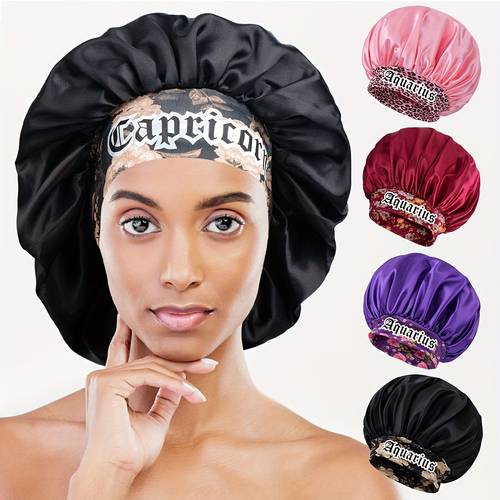 1pc zodiac sign satin sleep bonnet with wide brim lightweight protection cap for daily bonnet for sleeping curly hair care valentines day gift idea