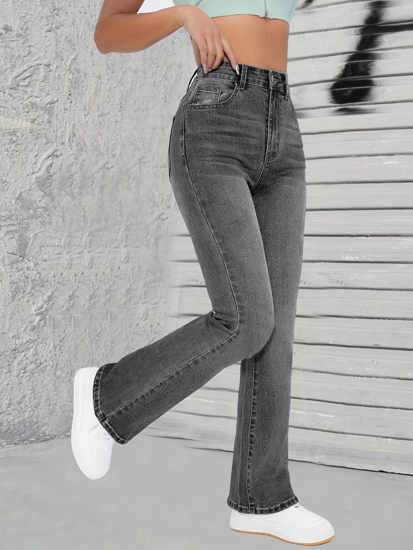 High Cut Washed Grey Bootcut Jeans High Waist Wide Legs - Temu