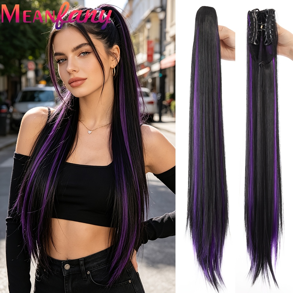 TEMU 24 Inch Claw Clip Long Straight Ponytail Hair Extension Vibrant Clip-on Synthetic Ponytail Hair Extensions - Straight Multicolor Highlights In