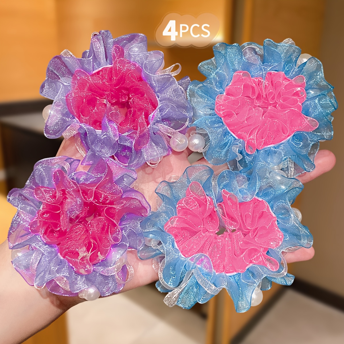 TEMU 4pcs Girls' Fairy-like Mesh Floral Hair Ties, Cute And Stylish, Transparent Tulle Hair Bands, Pink, Purple, And Blue Hair Accessories For Girls'