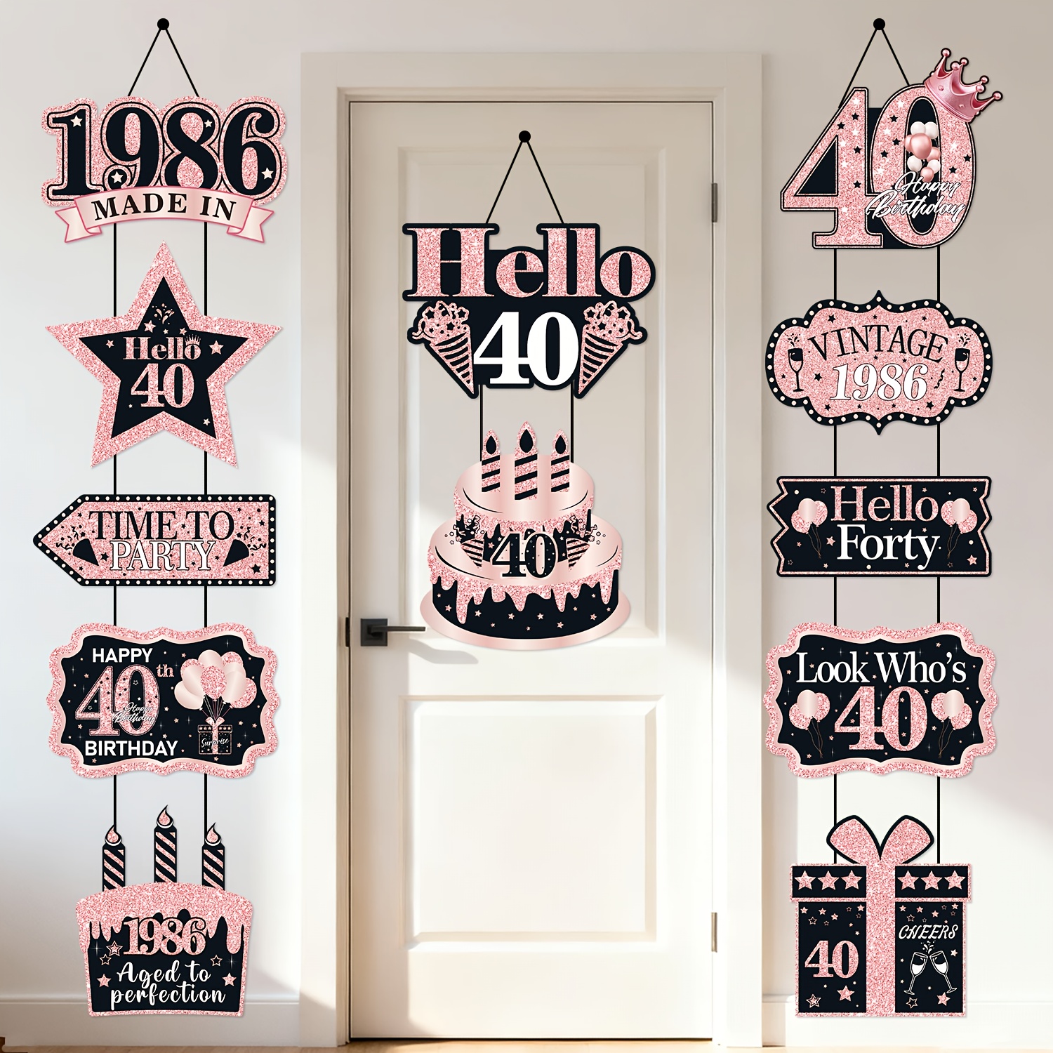 Image of 12pcs, 40th Birthday Decorations, Rose Golden 40th Birthday Party Banner Door Banner Decorations, With 1986 Year Door Banner Birthday Decorations, For Rose Golden 40th Birthday Decoration