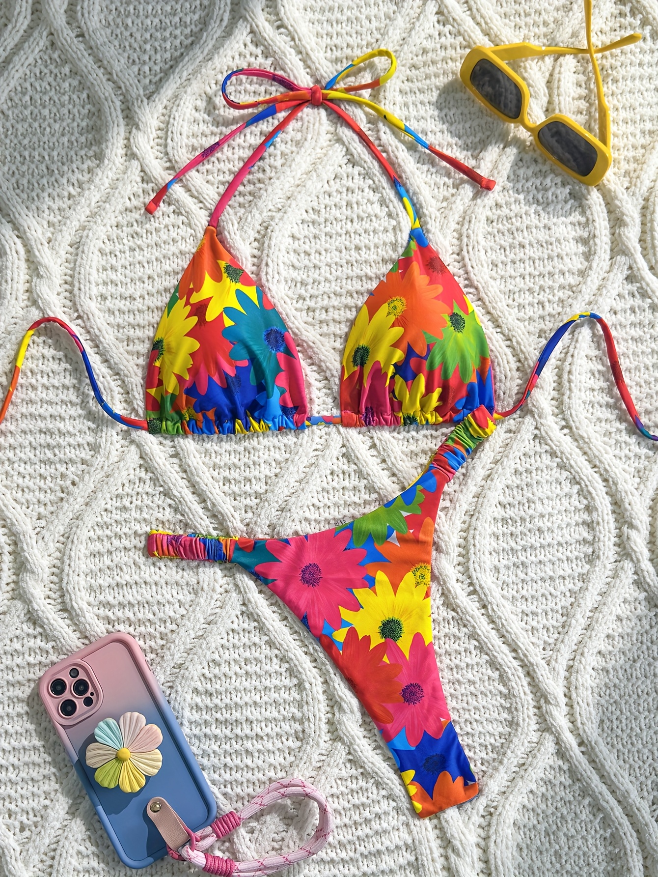 Large Flower European and American Fashion Foreign Trade Split Swimwear for Women Cartoon Printed Hanging Neck Fashion and Sexy Beach Swimsuit