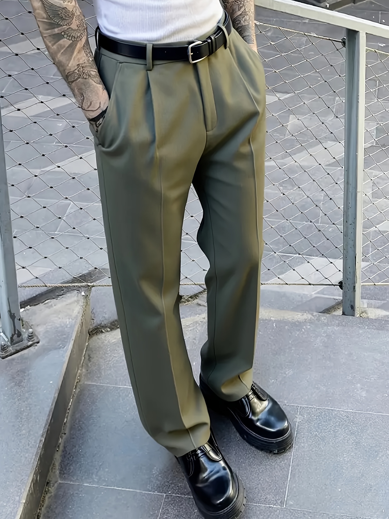 Men'S Tailored Woven Trousers Featuring a Pleated Trim, Designed for a Flowing Silhouette, Mid-Rise Fit Ideal for Taller Individuals, Suitable for Office And Casual Street Style, Perfect for Stylish Ensembles Everyday