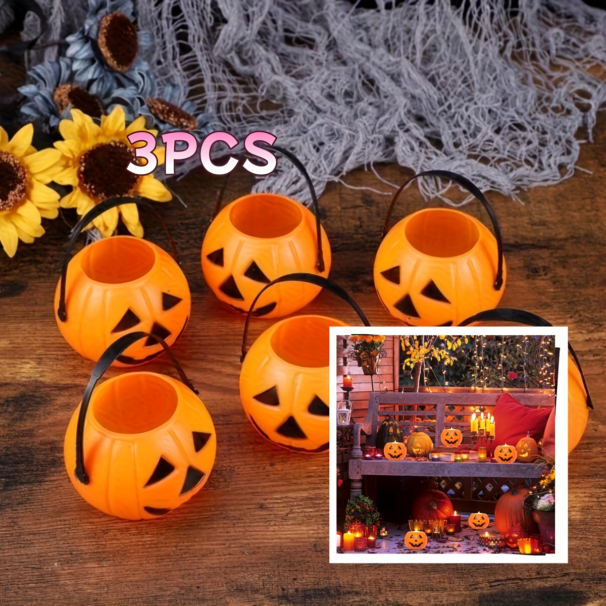 TEMU 3pcs Mini Plastic Pumpkin Buckets - Trick-or-treat Hanging Decorations With Carved Faces, Indoor/outdoor Party Decor, Battery-free, Halloween