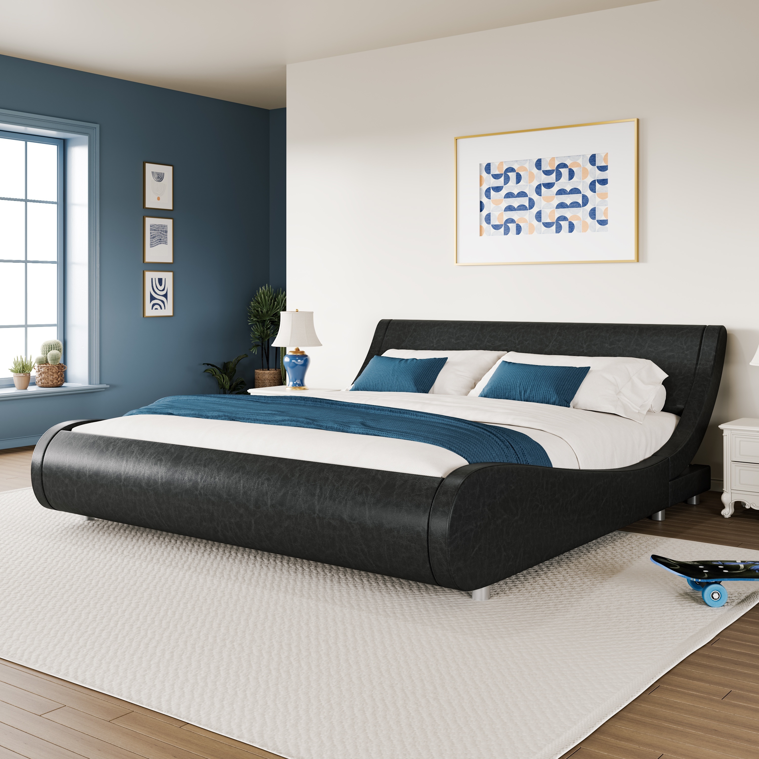 WEEWAY Contemporary Upholstered Bed Frame, Imitation Faux Leather Sleigh Bed Featuring an Adjustable Headboard, Durable Wooden Slats Support, No Box Spring Required
