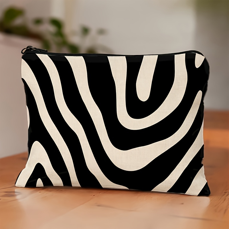 TEMU Borsa per trucco con motivo a zebrate bianche e nere, design con chiusura a cerniera, grande capacit� di stoccaggio, facile da organizzare e