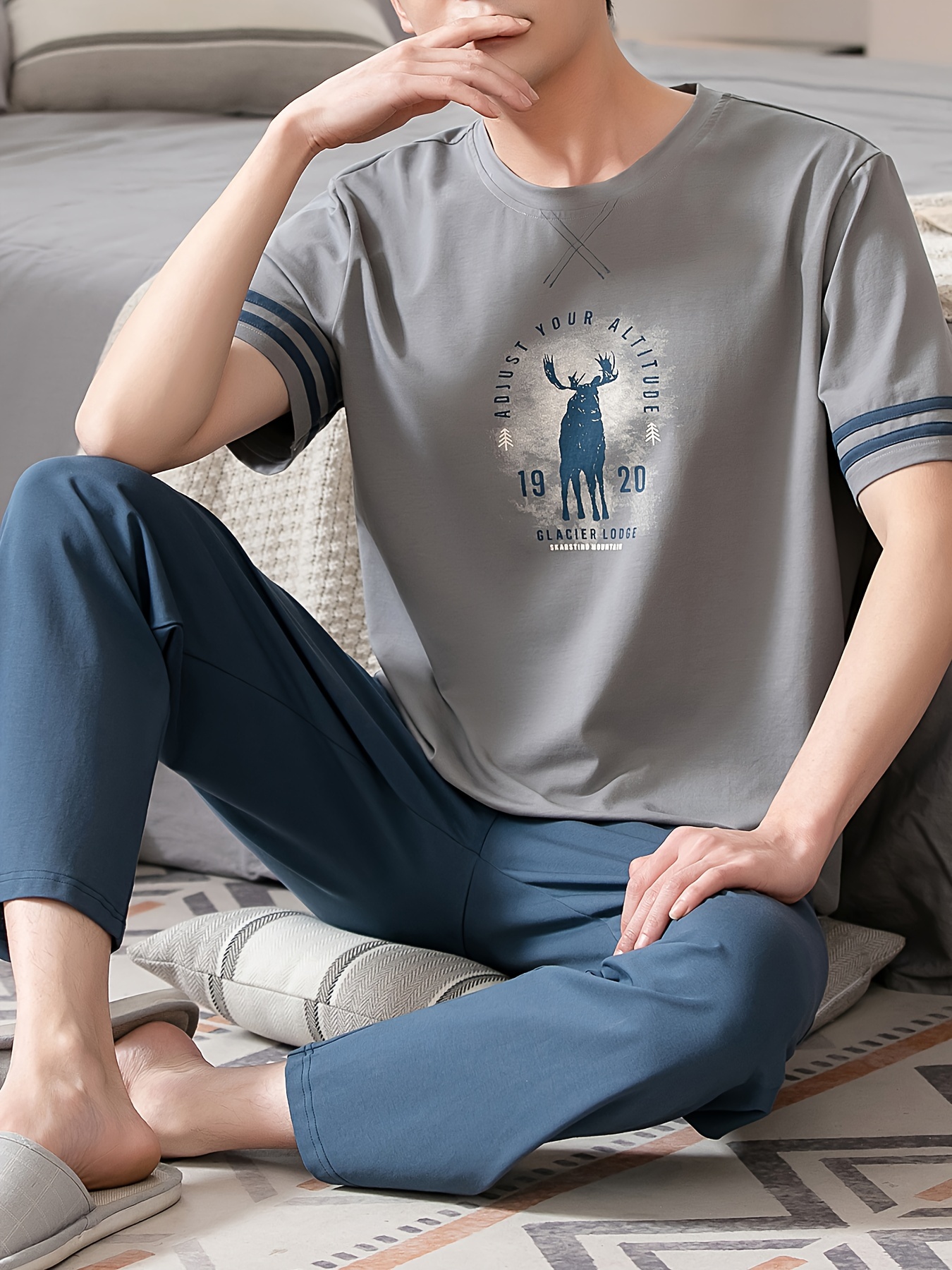 Summer Men's Pajamas Pure Cotton Short Sleeve Long Pants Slim Fit Plus Size Youth Loose Home Wear Set