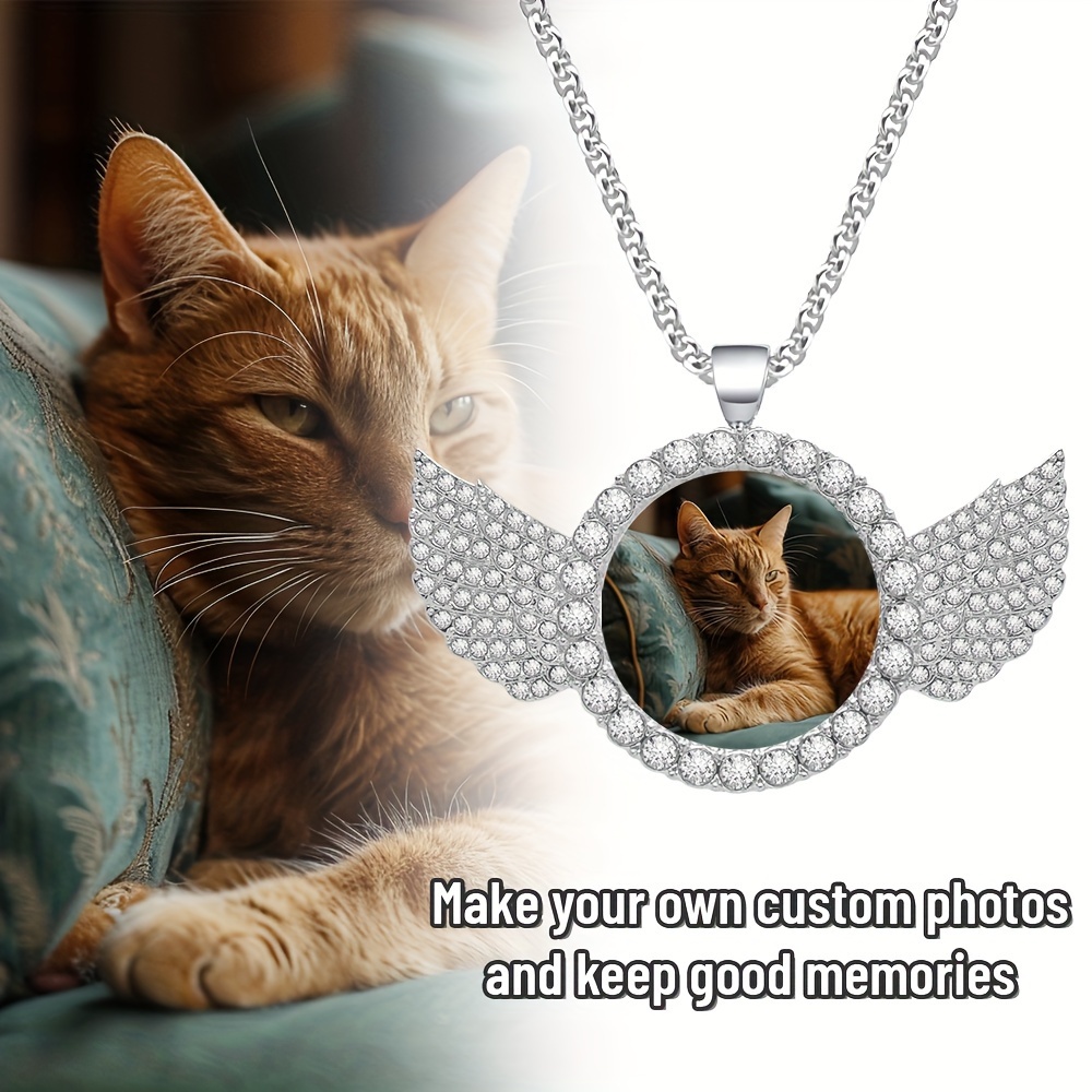 

Personalized Cat Photo Pendant Necklace With Wings – 1pc Custom Picture Jewelry For Pet Lovers – Punk Style, Script & Numeric Symbols Theme, Synthetic , Non-plated Zinc Alloy – Ideal For Any Occasion