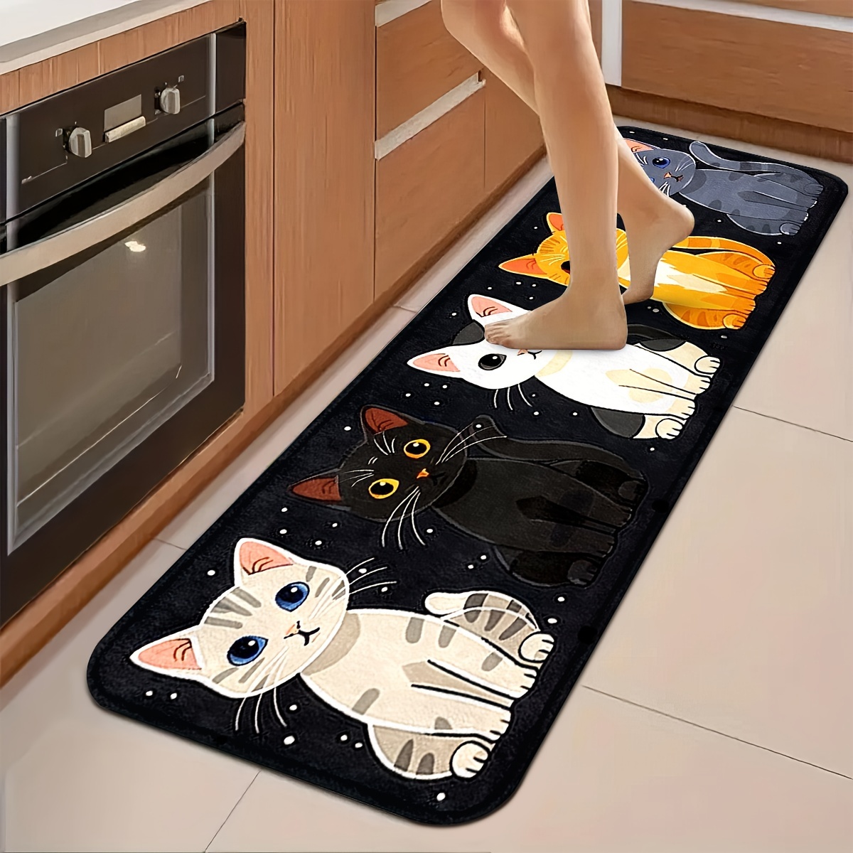 TEMU Cute Kitten Pattern Kitchen Mats: Non-slip, Durable, And Comfortable For Home, Office, And Bathroom - Available In Various Sizes