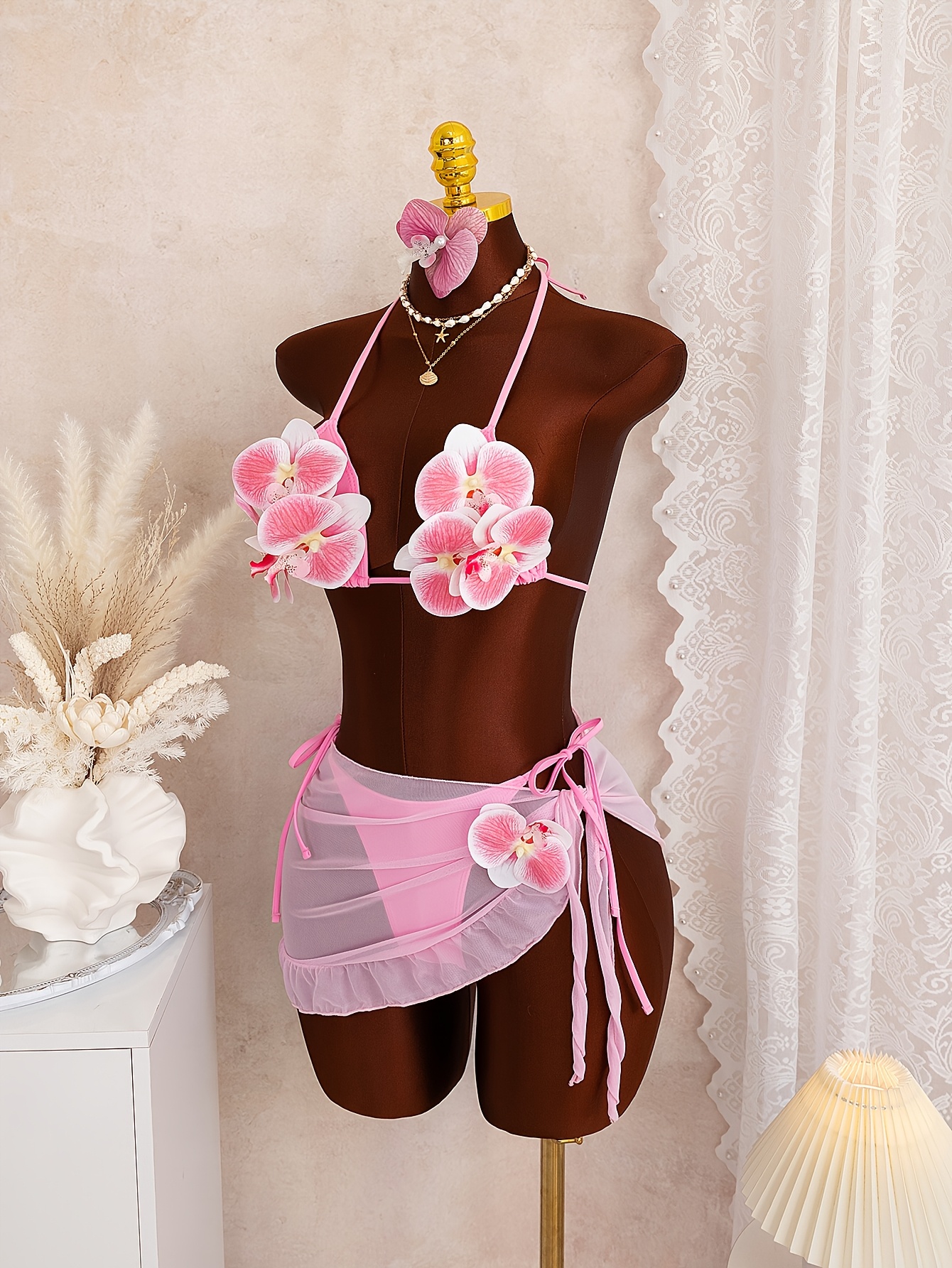 [3pcs Bikini Set] New Women's Fashion 3pcs Bikini Set - Three-Dimensional Orchid Solid Color Halter Bikini Top, Tie-Side Briefs, Ruffled Mesh Mini Skirt Beach Vacation Swimwear Set