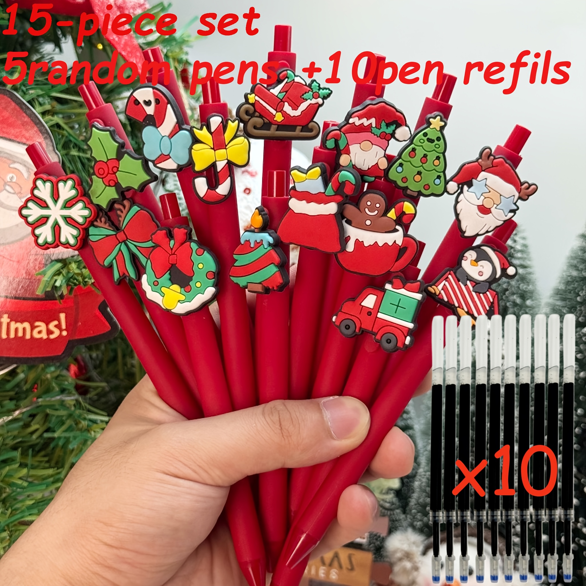 TEMU 15pcs Random Patterns, Christmas Theme Ballpoint Pens, Random Styles Like Cartoon Gingerbread Man, Santa Claus, Snowflakes, Includes 5pcs Pens