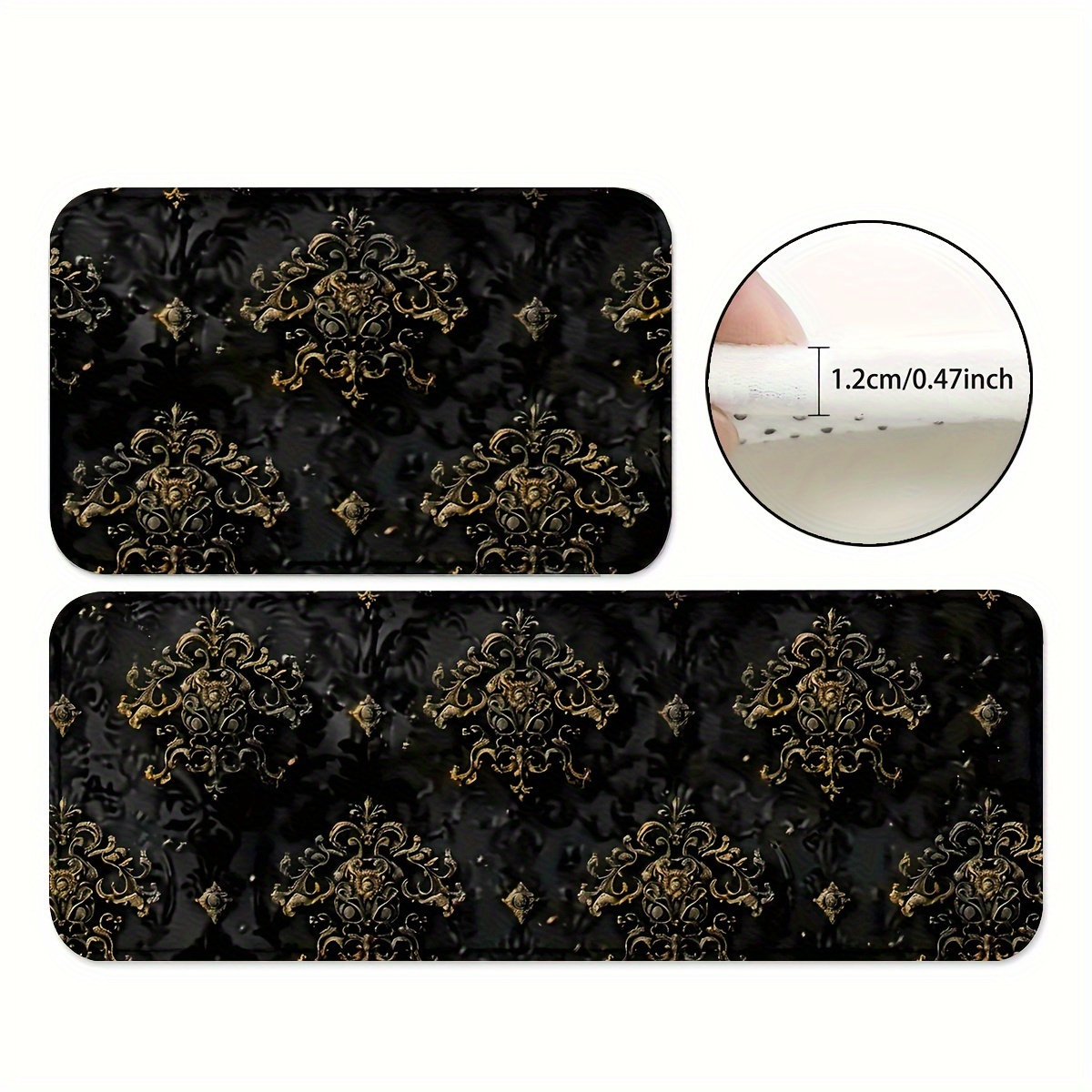 

1/2pcs Kitchen Rug, Black Golden Pattern Area Rug, Non-slip And Durable Floor Mat, Comfortable Standing Runner Rug, Kitchen Office Laundry Room Bathroom Spring Summer Home Decor