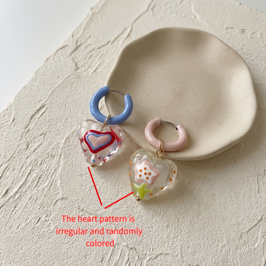 TEMU 1 Pair 2026 New Y2k Style Asymmetrical Heart Earrings, Colorful Hand-painted Graffiti Glass-like Tassel Earrings, Dopamine Cute Additions