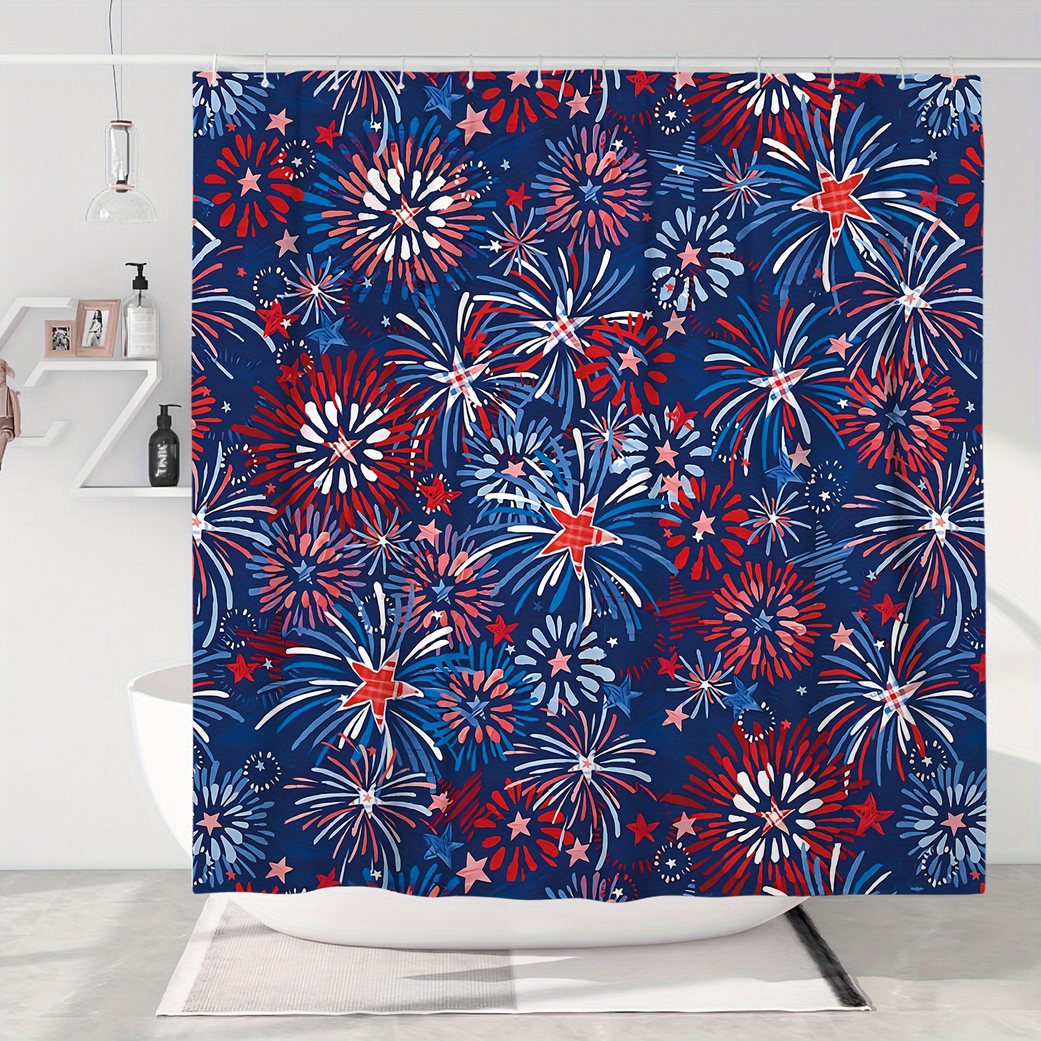 

4th Of July Patriotic Shower Curtain - Waterproof Polyester With Fireworks & Stars Design, 71x71 Inches, Includes 12 Hooks, Machine Washable - Perfect For Independence Day Bathroom Decor