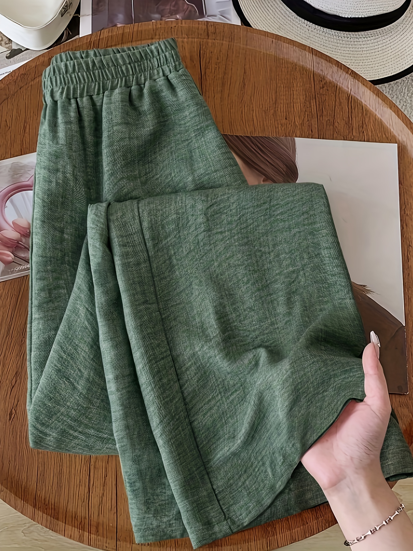 womens elegant high waist wide leg pants solid olive   season   durable and   material versatile casual to formal wear high waist leggings casual attire     fashionable    