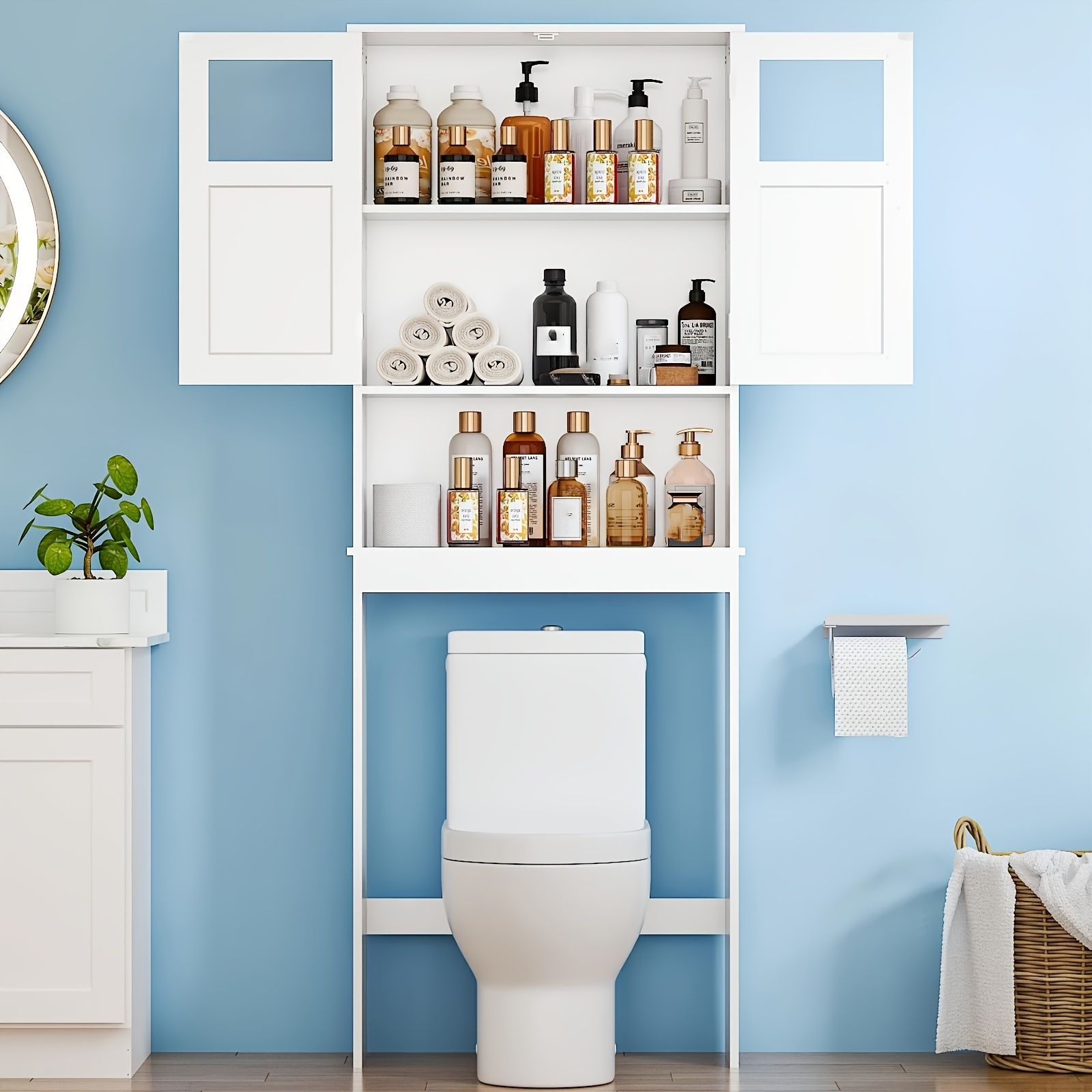 TEMU Over The Toilet Bathroom Cabinet | And Open Shelving, White End, Elegant And Practical, Utilizes Space , Vintage Style, Metal Material, Brand: Leadzm