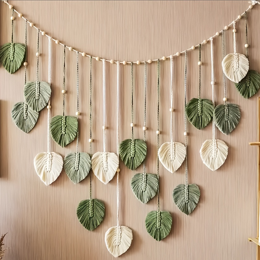 TEMU 1 Bohemian-style Leaf Feather Wall Hanging - - Green, White, And Beige Tapestry, Elegant Textured Home Wall Decor, Ideal Gift, The Perfect