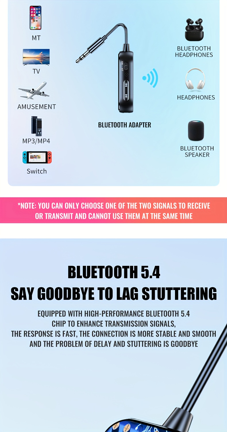 2-в-1 Bluetooth 5.4 Аудио Приемник Предавател, HiFi Стерео Безжичен Адаптер, 3.5mm AUX с Микрофон, Подходящ за Кола, Самолет, Телевизор, Компютър, Говорители