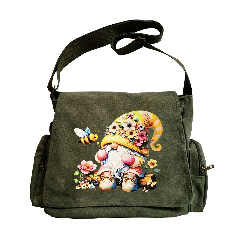 Image of Large Vintage Bee & Gnome Tote Bag - Adjustable Crossbody/shoulder Bag With , Zipper Closure, Handbag Suitable For Travel, Shopping, Daily Use - Cute Gift