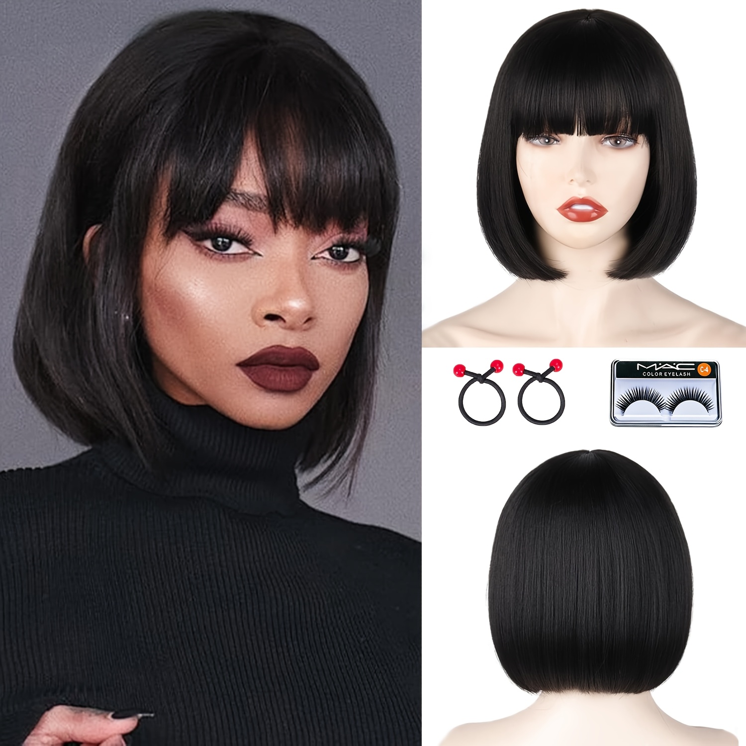 Black Bob Wig 60s Flip – Short Heat-Resistant Synthetic Cosplay