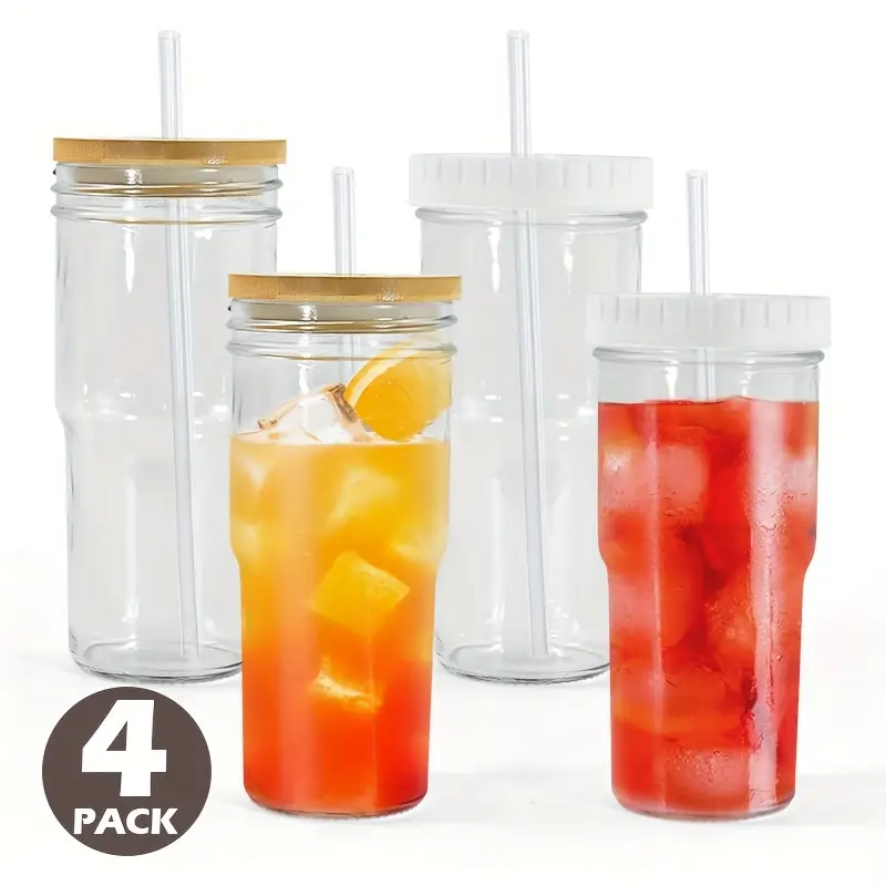 pack of 4 glass cups with bamboo lids and glass straws 24oz glass tumbler with two lid and straw wide mouth boba cup smoothie tumbler iced coffee cup travel mug Product details 0