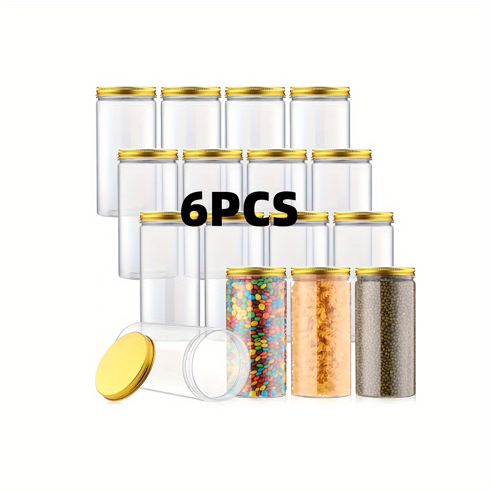Image of 6pcs 30oz Plastic Mason Jars, Transparent Pet Material With Gasket Seal Strong, Suitable For Dried Fruits, Honey, Nuts, Kitchen Home Use (golden/silvery)