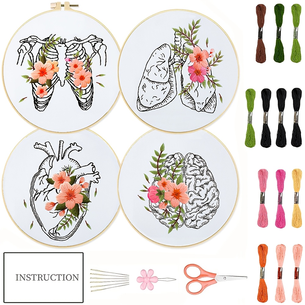 TEMU Set Bordado Tema de 4 piezas - 4 piezas de Tela Bordada con , Pulmón, , Costillas y Patrones Florales, Hilo de Bordar Suficiente