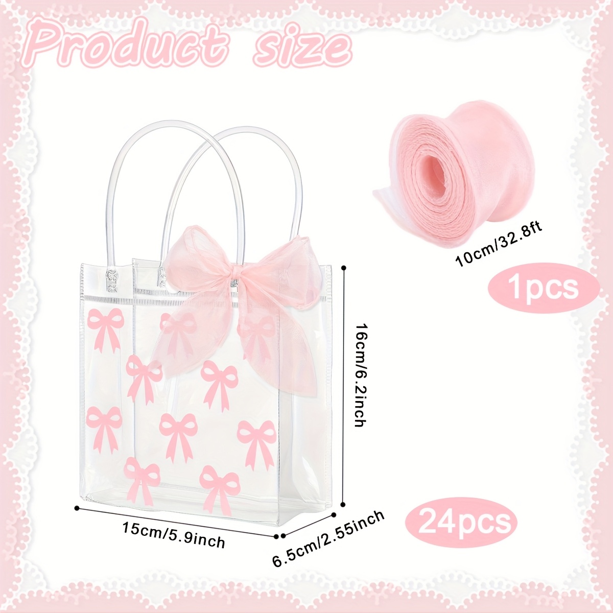 TEMU 24 Clear Pvc Gift Bag With Pink Bow And A Roll Of Ribbon, Pink Bow Party Bag, Relax Tote Bag, Wedding Birthday, Baby Shower, Valentine's Day Party, For Parties, Festivals, Weddingschristmas