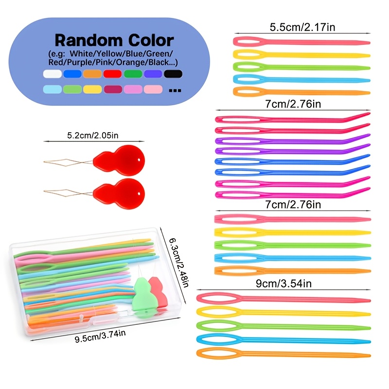 TEMU Multicolor Large Eye Plastic Sewing Needles Set With Bent Yarn Needles, Needle Threaders & Clear Storage Box, Assorted Size Blunt Plastic