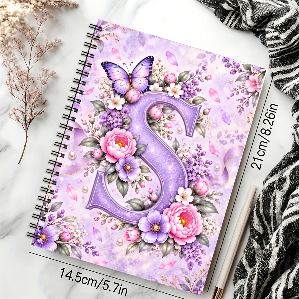 TEMU Purple Starry Initial Floral A5 Spiral Notebook, , Flowers, Pearl And Falling Petal Cover For Journal, , Work Notes, And Daily Writing, 1pc, 60