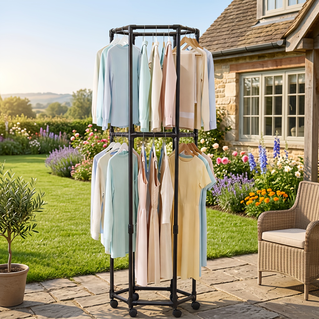 Rotating Clothing Rack with Wheels, Heavy Duty Metal Garment Rack for Hanging Clothes, Multifunctional Rotating Clothing Organizer, Freestanding Closet Organizer for Bedroom, Laundry Room, Space Saving Closet Storage for Coats, Dresses, Pants