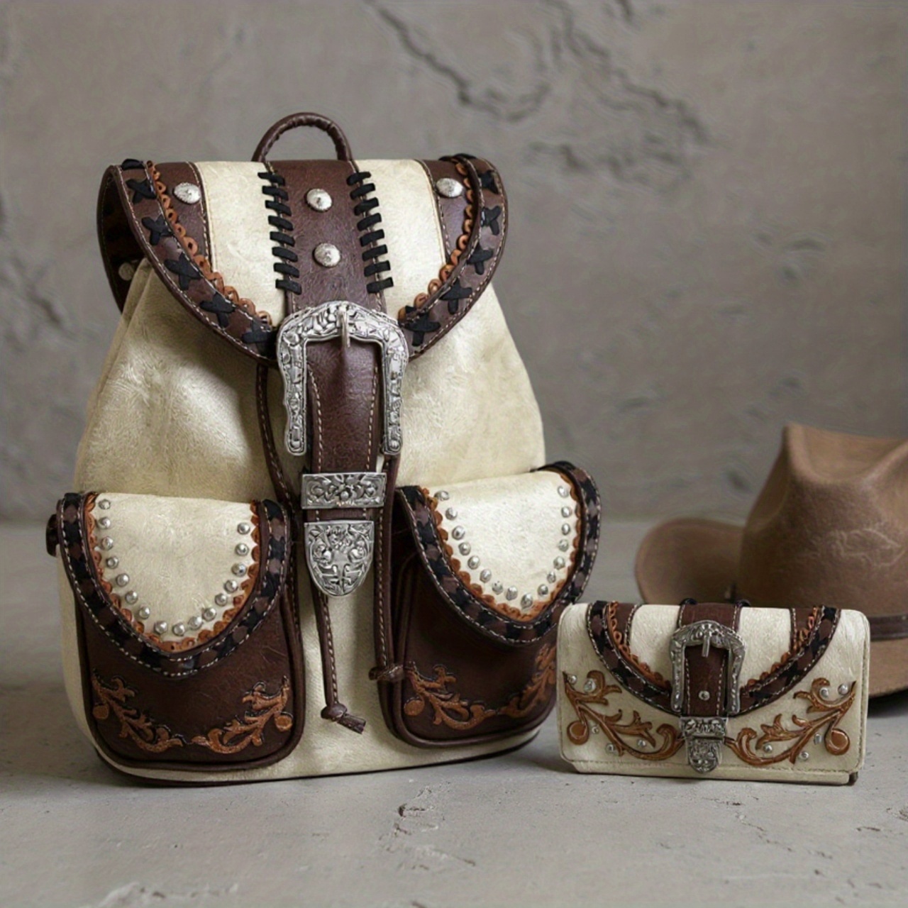 western cowboy style studded backpack wallet set matching - Temu display picture 3