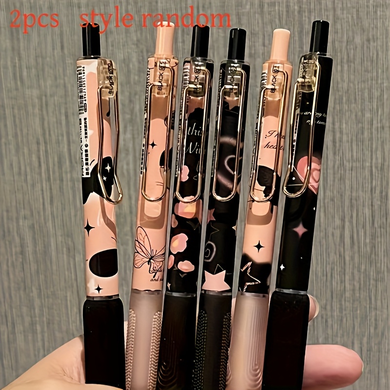 Image of Set Of 2 Random Style Cool Black Ballpoint Ballpoint Pens, Plastic Retractable 0.5mm Black, Suitable For Students, Cute Stationery Writing Ballpoint Pens