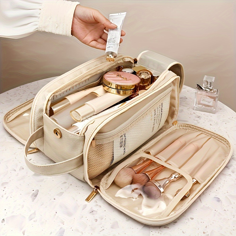 1pc womens multifunctional makeup bag large capacity portable travel cosmetics organizer pu material   with brush and toiletries storage compartments