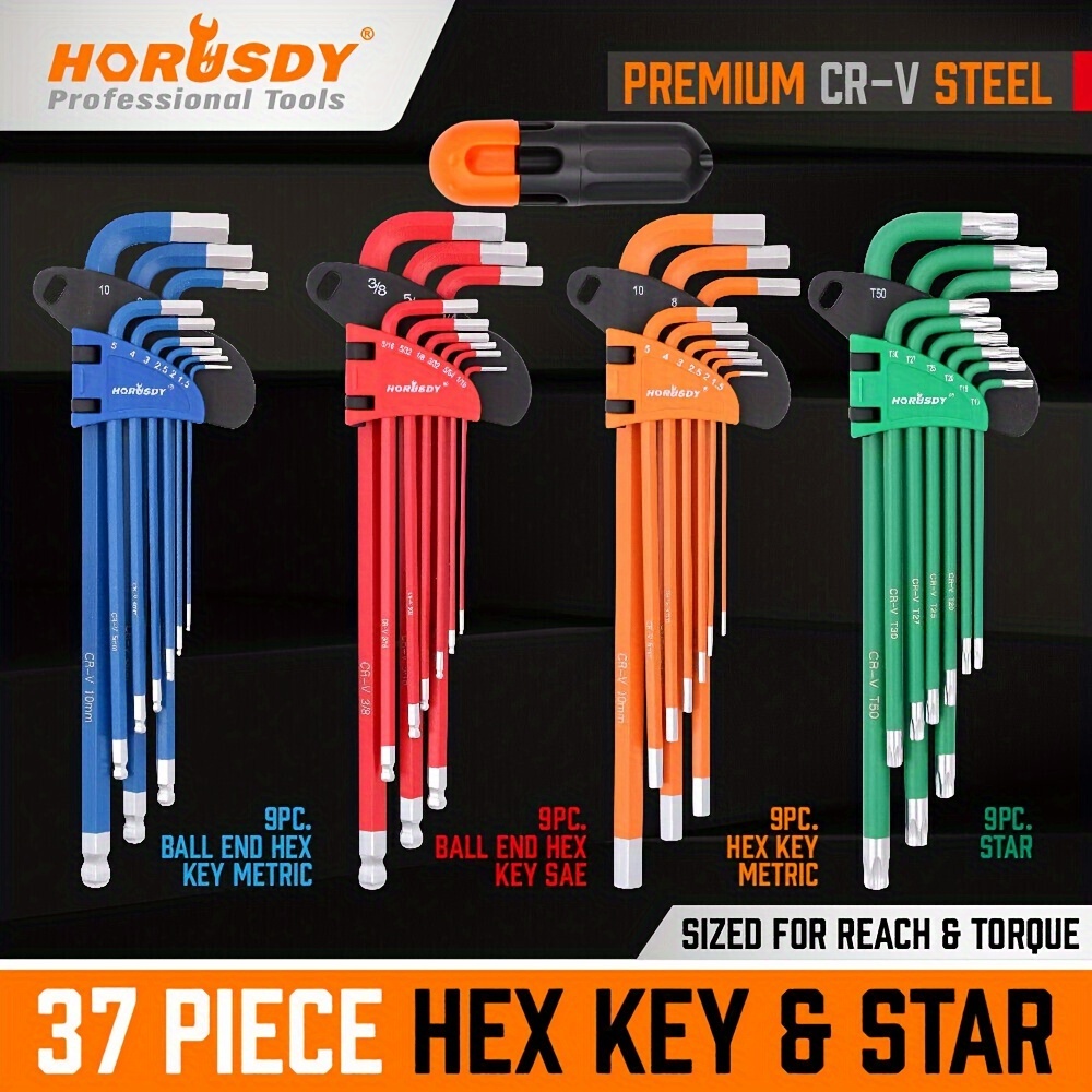 

Horusdy 37-piece Hex Key Allen Wrench Set, Torx Key Star Set Tamper-proofing Sae & Metric Star Long Arm Ball End Hex Key Set, Industrial Grade Allen Wrench Set