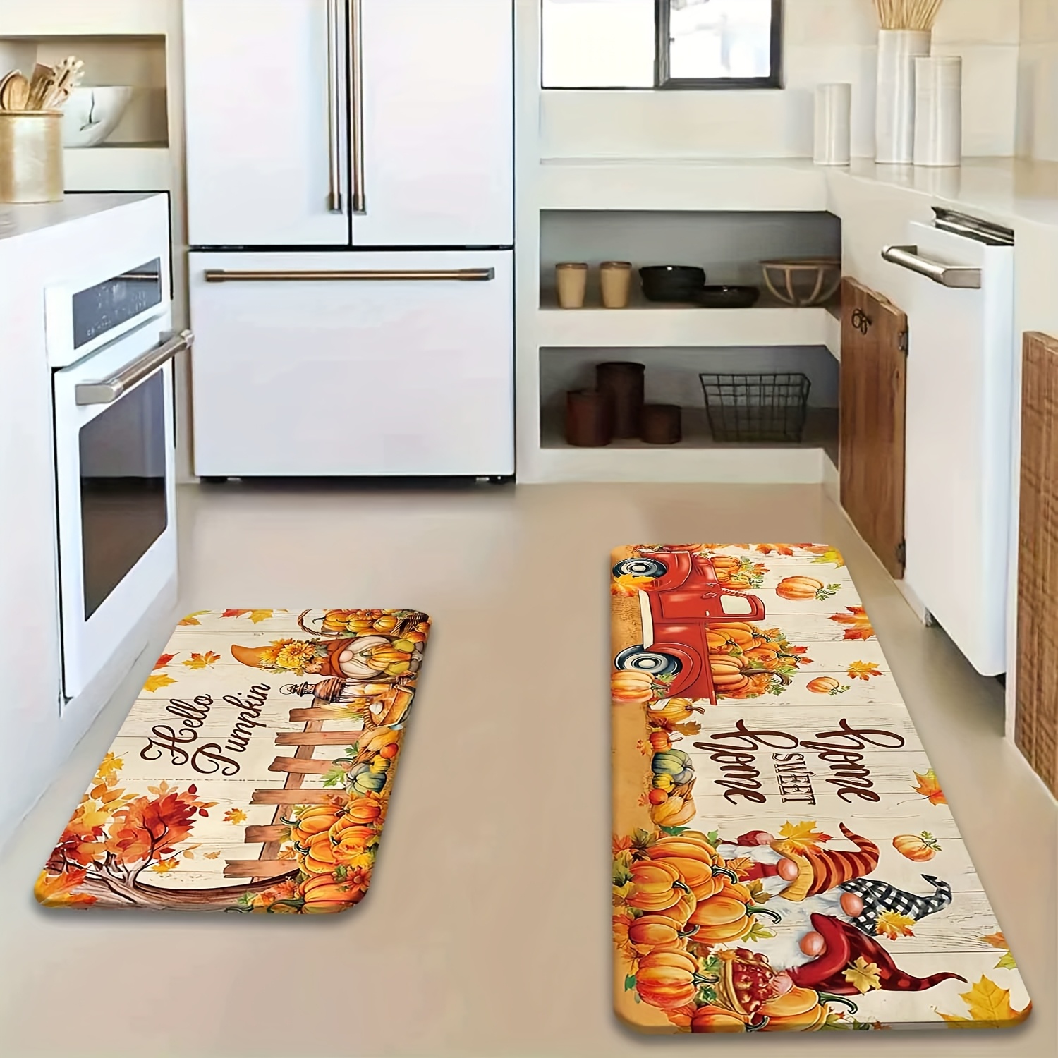 TEMU 2pcs/set Super Soft Flannel Material Non-slip Rugs, Autumn Pumpkin Gnome Truck Print Kitchen Rugs, Machine Washable And Fade-resistant, Suitable